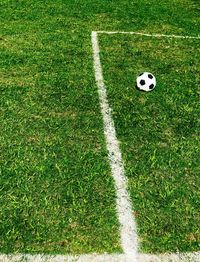 High angle view of soccer ball on field