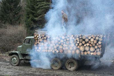 Young man standing on stack of wooden logs on truck