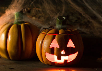 Close-up of illuminated halloween pumpkin