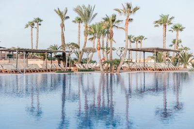 Swimming pool by trees against sky