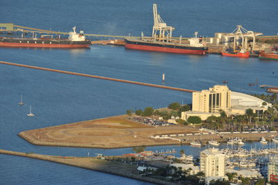 High angle view of commercial dock by sea