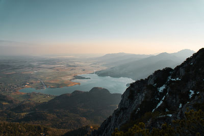 Scenic view of mountains against sky during sunset