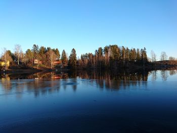 Scenic view of lake against clear blue sky