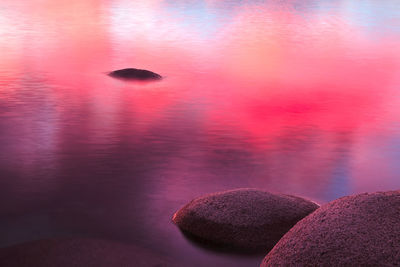 Close-up of rock on lake against sky during sunset