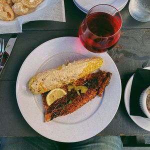 High angle view of breakfast served on table