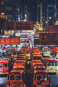 High angle view of buses on street at night