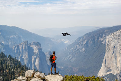 Man looking at bird while standing against mountains