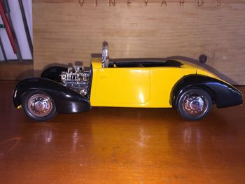 High angle view of vintage car on table