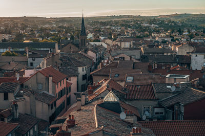 High angle view of townscape against sky in city