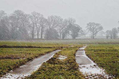 Scenic view of snowy field against sky during winter