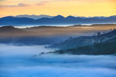 Scenic view of mountains against sky during sunset