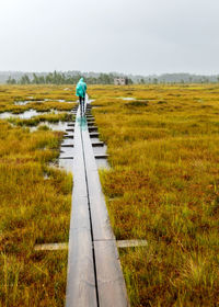 Rear view of man walking on field