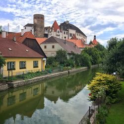 Buildings by river against sky