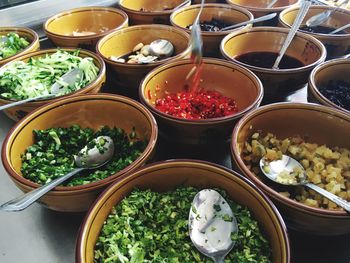 High angle view of food in bowls on table
