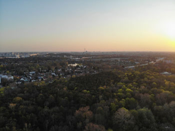 High angle view of townscape against sky during sunset