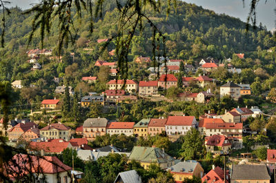 High angle view of buildings in town