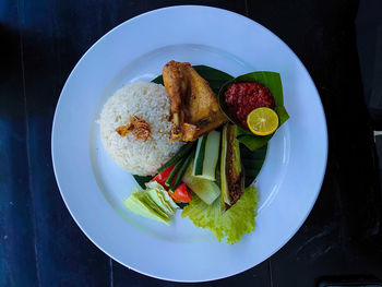 High angle view of food in plate on table