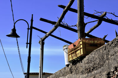 Low angle view of telephone pole against clear sky