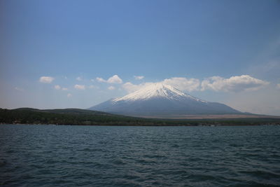 Scenic view of snowcapped mountains against cloudy sky