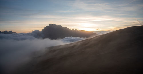 Mountain landscape at sunset dolomites at tre cime hiking path  south tyrol in italy.