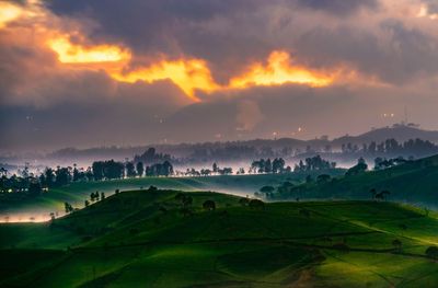 Scenic view of agricultural field against sky during sunset