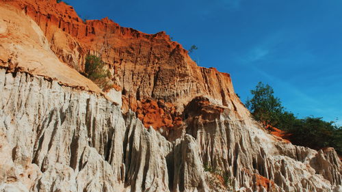 Low angle view of rocky mountain against sky