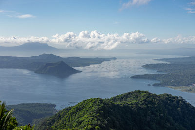 Scenic view of sea and mountains against sky