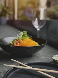 Close-up of food in plate on table