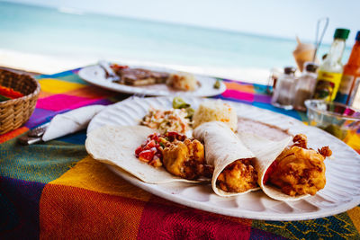 High angle view of food served on table