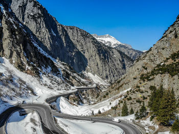 Scenic view of snowcapped mountains against clear sky