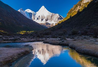 Scenic view of snowcapped mountains and river