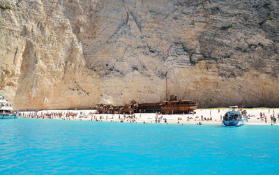 Shipwreck beach famous navagio beach in island zakynthos full of tourists