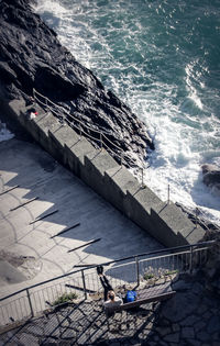 High angel view of observation point by sea