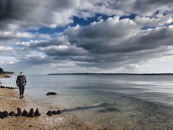 Rear view of man standing at beach against sky