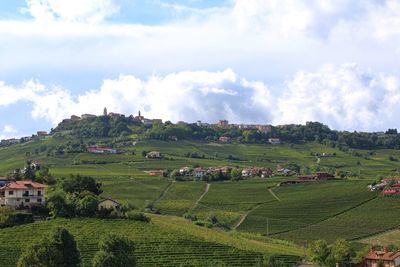 Scenic view of town and vineyard against sky