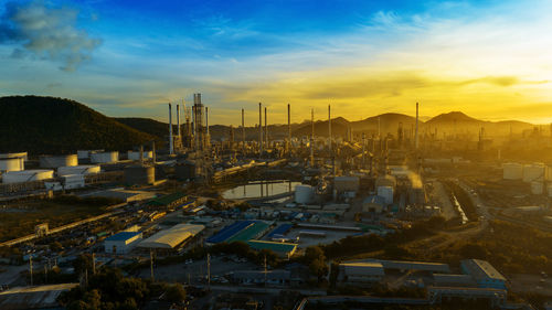 High angle view of cityscape against sky during sunset