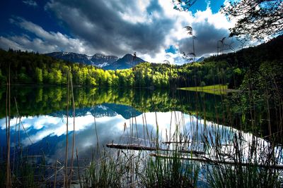 Scenic view of lake and mountains against sky