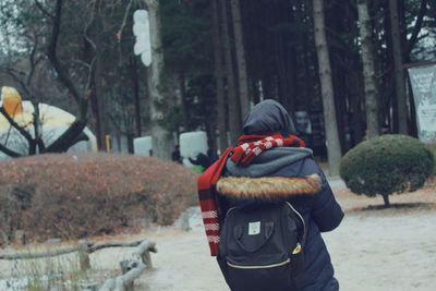 Rear view of man standing by trees in forest