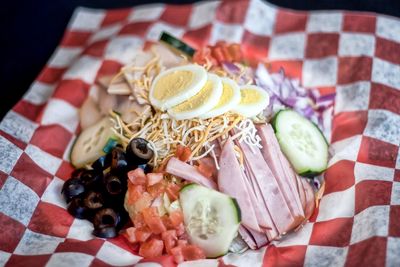 High angle view of food in paper plate