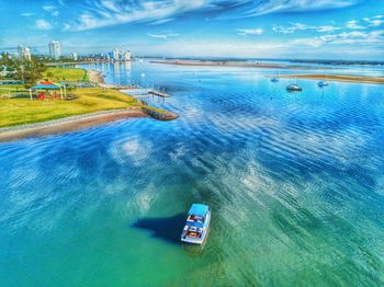 High angle view of ship in sea against sky