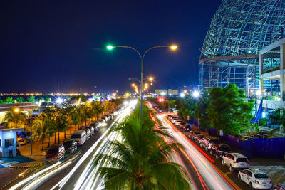 High angle view of light trails on city street