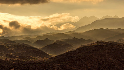 Scenic view of mountains against sky during sunset