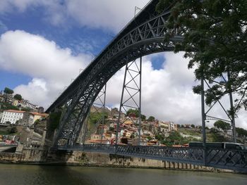 Low angle view of bridge over river against cloudy sky