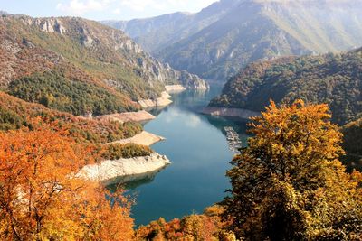 High angle view of lake amidst trees during autumn