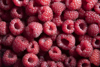 Natural fruit background of fresh raspberries top view, texture of berries