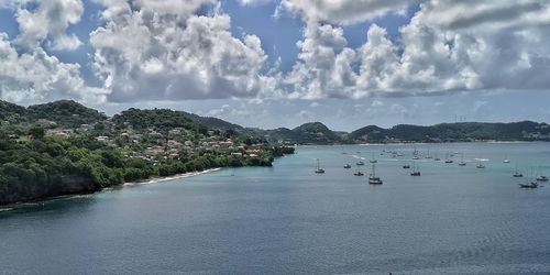 Panoramic view of bay against sky