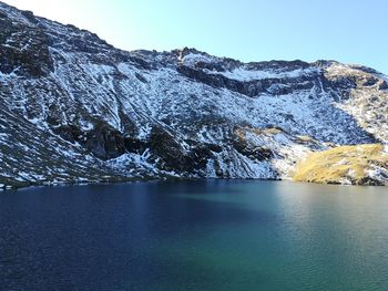 Scenic view of lake by snowcapped mountains against clear blue sky