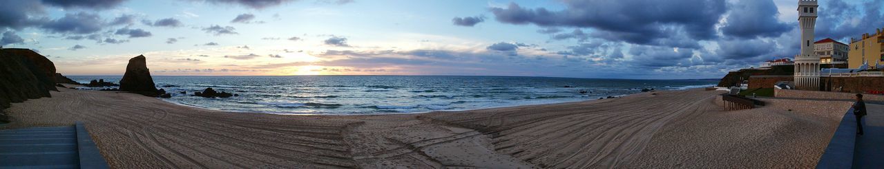 sea, sky, horizon over water, water, beach, cloud - sky, scenics, beauty in nature, tranquil scene, shore, tranquility, nature, cloud, cloudy, panoramic, sand, sunlight, incidental people, idyllic, pier