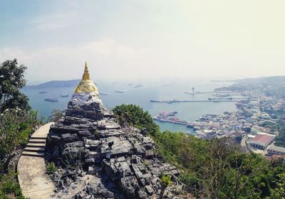 View of temple mountain by the sea