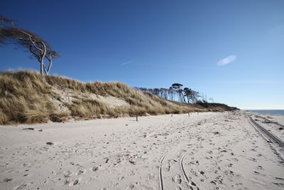 Scenic view of beach against clear blue sky